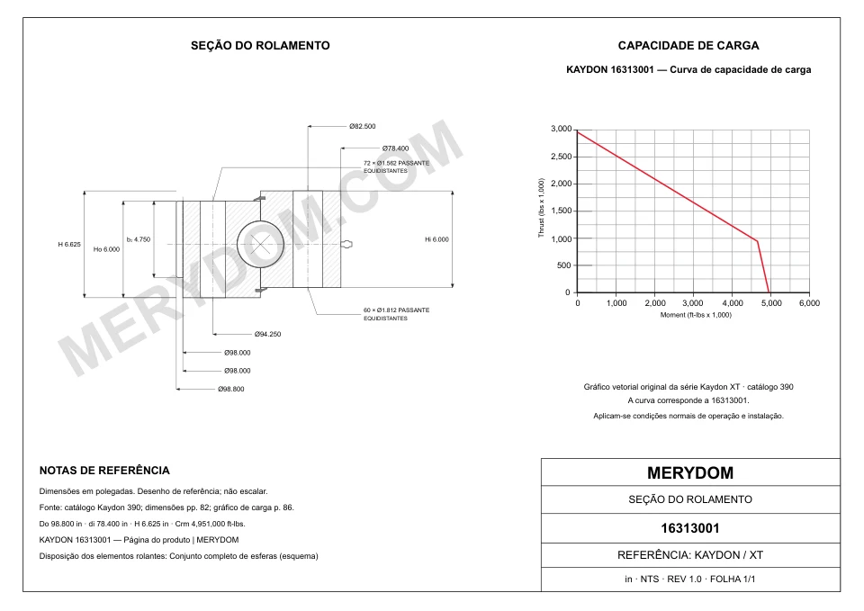 Desenho CAD do rolamento de giro de substituição MERYDOM para KAYDON 16313001, com dimensões e furos de montagem.