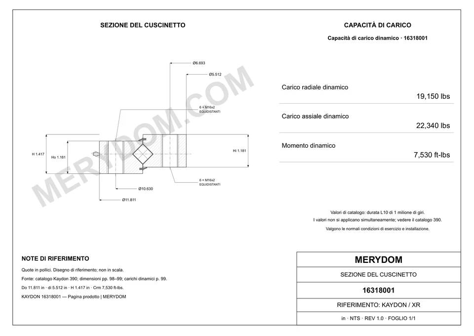 Disegno CAD del cuscinetto di rotazione sostitutivo MERYDOM per KAYDON 16318001, con dimensioni e fori di montaggio.