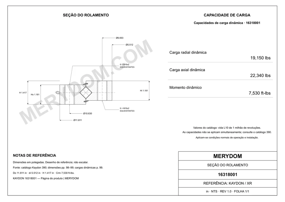 Desenho CAD do rolamento de giro de substituição MERYDOM para KAYDON 16318001, com dimensões e furos de montagem.