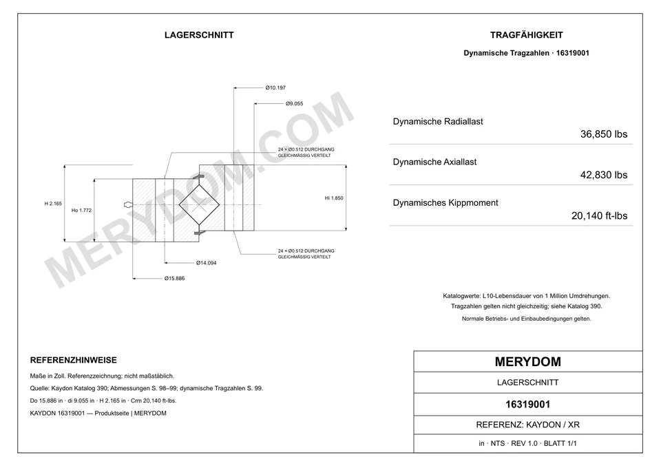 CAD-Zeichnung des MERYDOM-Ersatzdrehkranzes für KAYDON 16319001 mit Abmessungen und Befestigungsbohrungen.