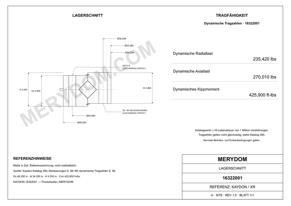 CAD-Zeichnung des MERYDOM-Ersatzdrehkranzes für KAYDON 16322001 mit Abmessungen und Befestigungsbohrungen.