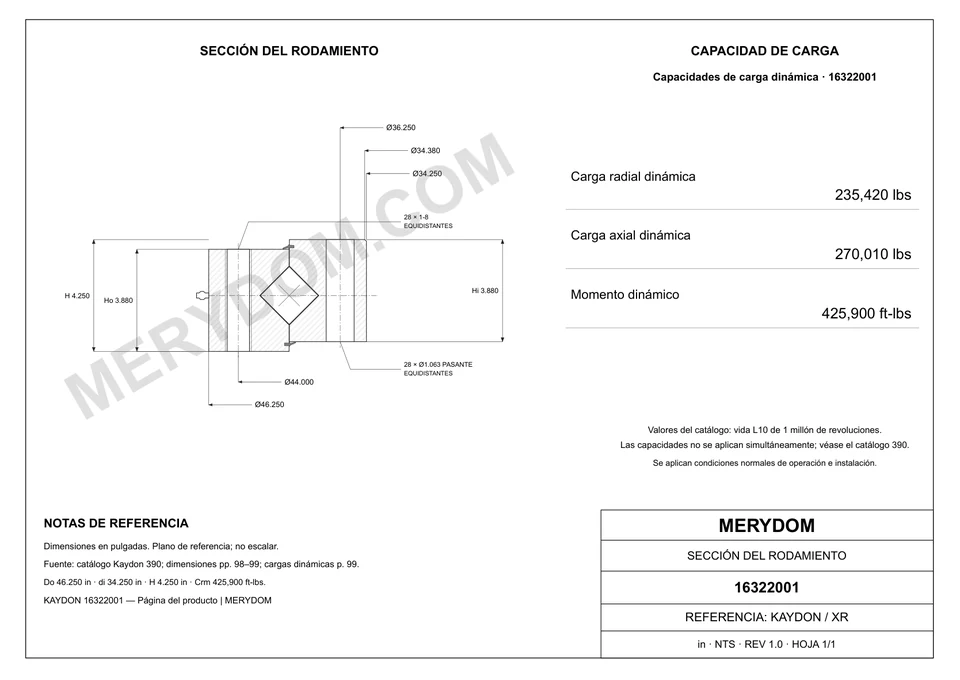 Plano CAD de la corona de giro de sustitución MERYDOM para KAYDON 16322001, con dimensiones y orificios de montaje.