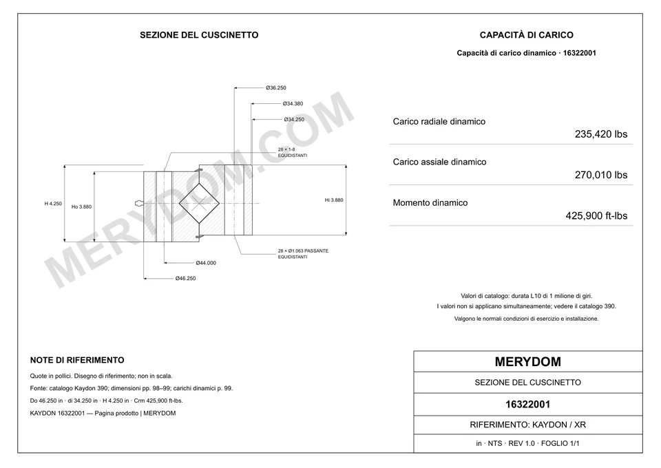 Disegno CAD del cuscinetto di rotazione sostitutivo MERYDOM per KAYDON 16322001, con dimensioni e fori di montaggio.