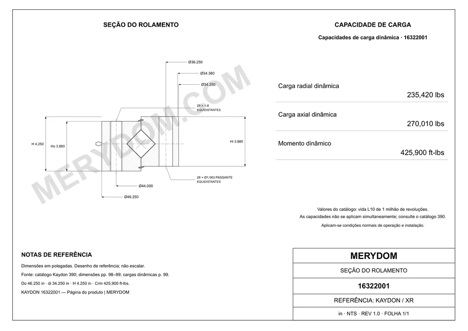 Desenho CAD do rolamento de giro de substituição MERYDOM para KAYDON 16322001, com dimensões e furos de montagem.