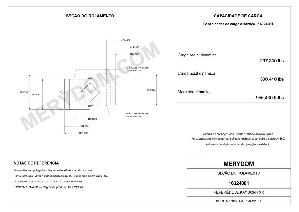 Desenho CAD do rolamento de giro de substituição MERYDOM para KAYDON 16324001, com dimensões e furos de montagem.