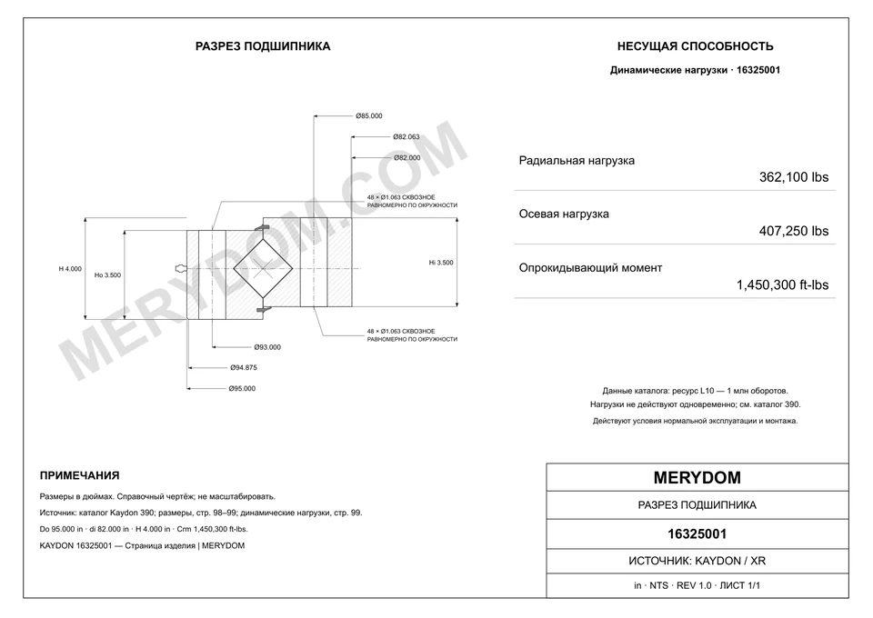 CAD-чертёж опорно-поворотного устройства MERYDOM для замены KAYDON 16325001 с размерами и монтажными отверстиями.