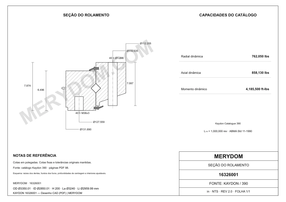 Desenho CAD da substituição MERYDOM para KAYDON 16326001