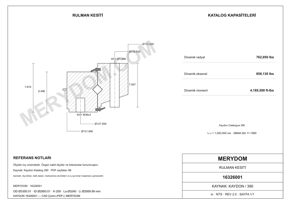 KAYDON 16326001 için MERYDOM muadilinin CAD çizimi