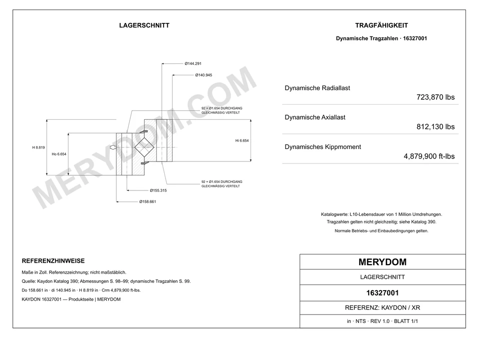 CAD-Zeichnung des MERYDOM-Ersatzdrehkranzes für KAYDON 16327001 mit Abmessungen und Befestigungsbohrungen.