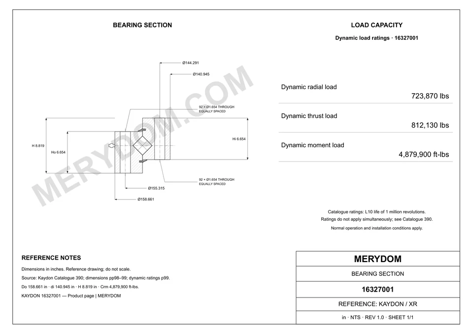 CAD drawing of the MERYDOM replacement slewing bearing for KAYDON 16327001, showing dimensions and mounting holes.