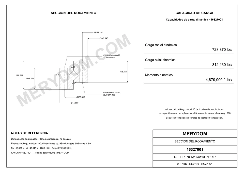 Plano CAD de la corona de giro de sustitución MERYDOM para KAYDON 16327001, con dimensiones y orificios de montaje.