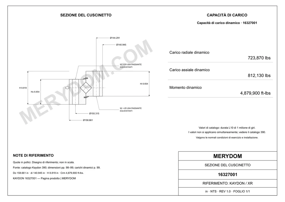Disegno CAD del cuscinetto di rotazione sostitutivo MERYDOM per KAYDON 16327001, con dimensioni e fori di montaggio.