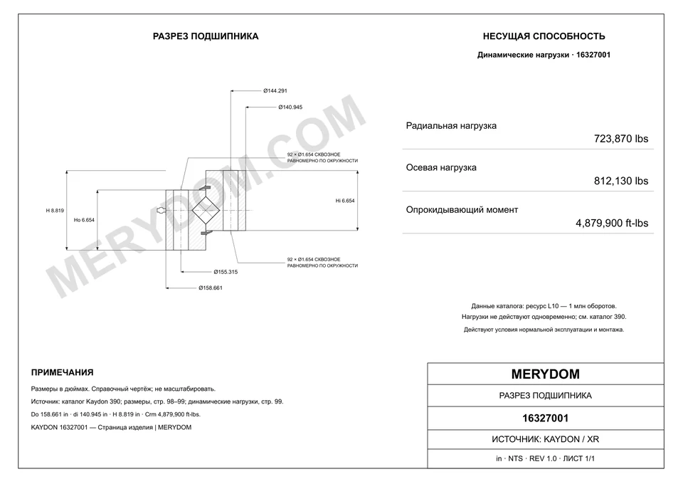 CAD-чертёж опорно-поворотного устройства MERYDOM для замены KAYDON 16327001 с размерами и монтажными отверстиями.