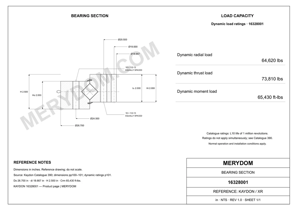 CAD drawing of the MERYDOM replacement slewing bearing for KAYDON 16328001, showing dimensions and mounting holes.