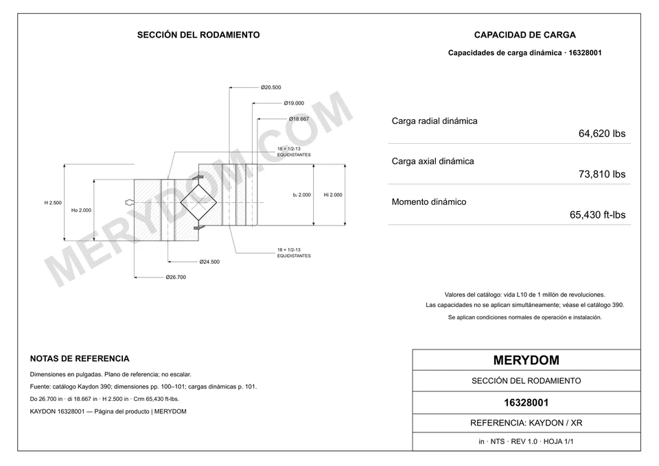 Plano CAD de la corona de giro de sustitución MERYDOM para KAYDON 16328001, con dimensiones y orificios de montaje.