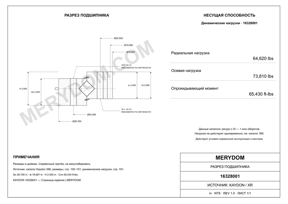 CAD-чертёж опорно-поворотного устройства MERYDOM для замены KAYDON 16328001 с размерами и монтажными отверстиями.