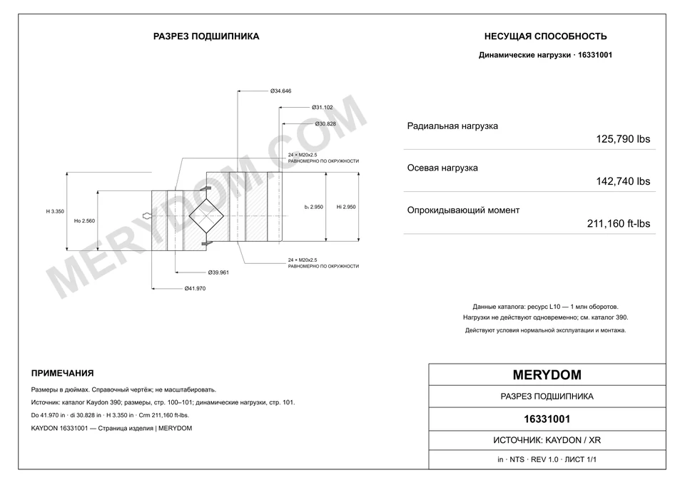 CAD-чертёж опорно-поворотного устройства MERYDOM для замены KAYDON 16331001 с размерами и монтажными отверстиями.