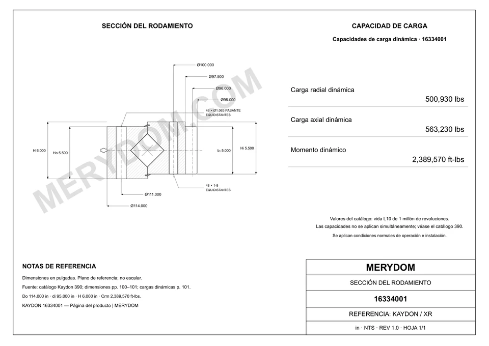 Plano CAD de la corona de giro de sustitución MERYDOM para KAYDON 16334001, con dimensiones y orificios de montaje.