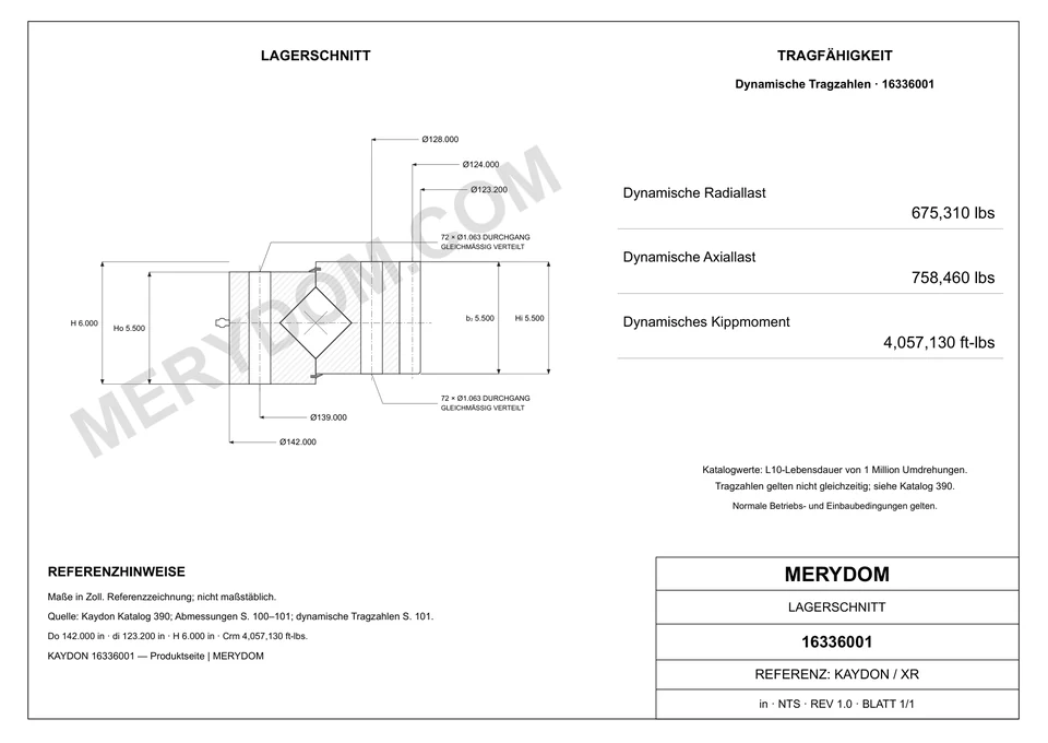 CAD-Zeichnung des MERYDOM-Ersatzdrehkranzes für KAYDON 16336001 mit Abmessungen und Befestigungsbohrungen.