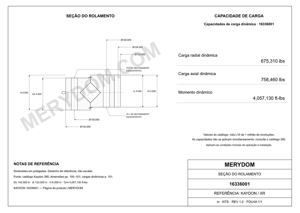 Desenho CAD do rolamento de giro de substituição MERYDOM para KAYDON 16336001, com dimensões e furos de montagem.