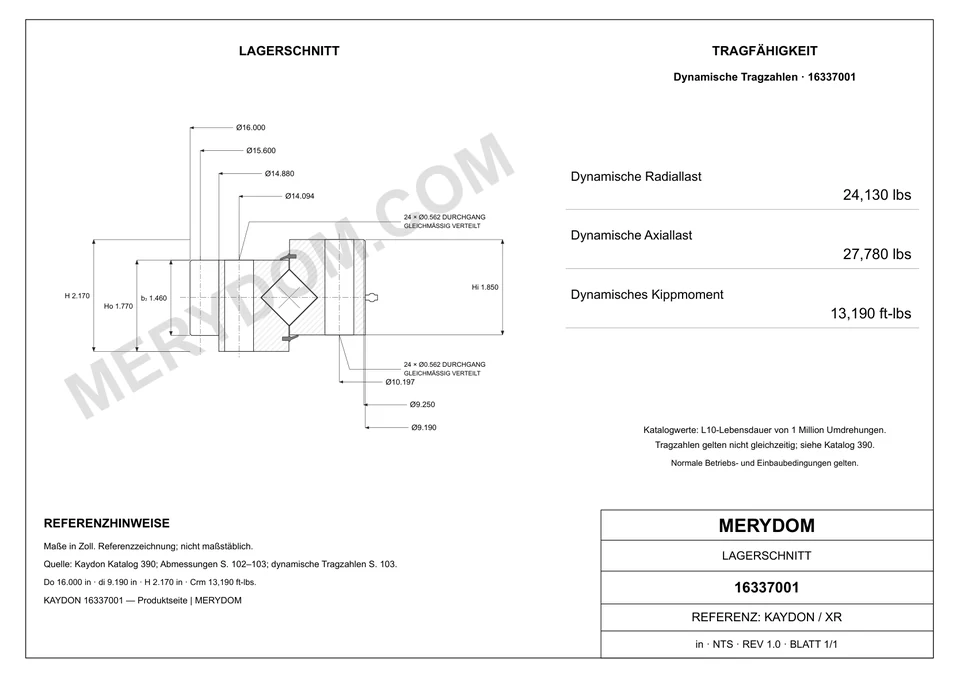 CAD-Zeichnung des MERYDOM-Ersatzdrehkranzes für KAYDON 16337001 mit Abmessungen und Befestigungsbohrungen.