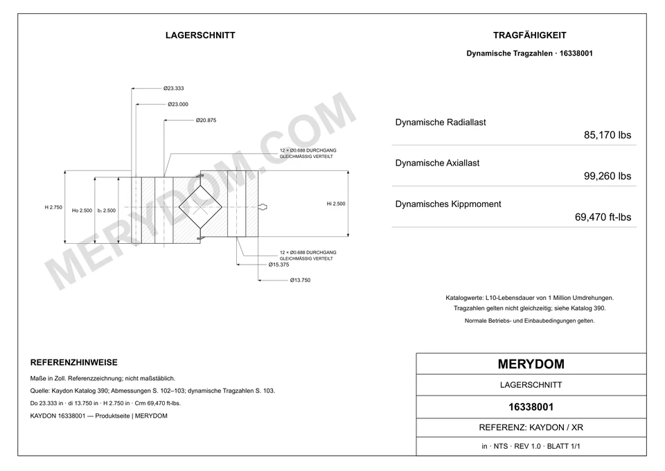 CAD-Zeichnung des MERYDOM-Ersatzdrehkranzes für KAYDON 16338001 mit Abmessungen und Befestigungsbohrungen.