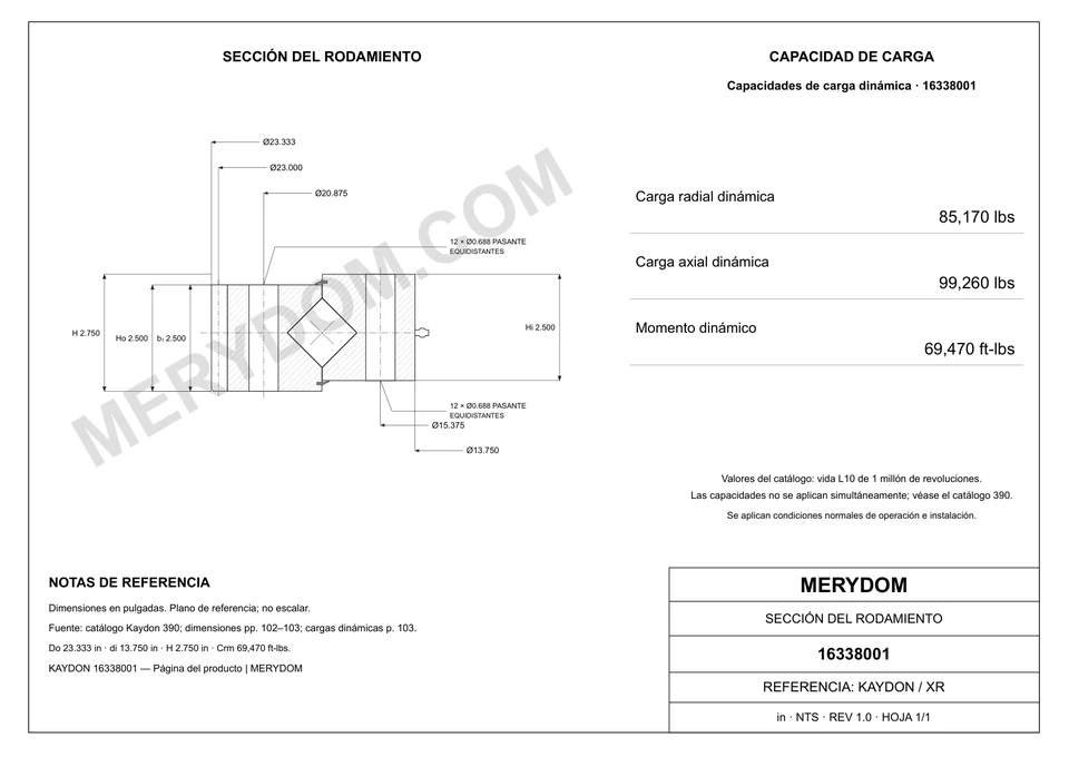 Plano CAD de la corona de giro de sustitución MERYDOM para KAYDON 16338001, con dimensiones y orificios de montaje.
