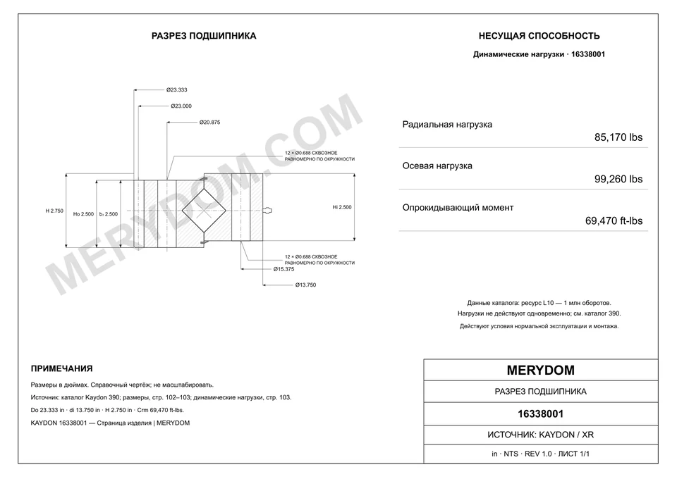CAD-чертёж опорно-поворотного устройства MERYDOM для замены KAYDON 16338001 с размерами и монтажными отверстиями.