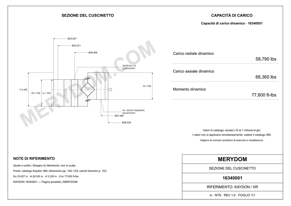 Disegno CAD del cuscinetto di rotazione sostitutivo MERYDOM per KAYDON 16340001, con dimensioni e fori di montaggio.