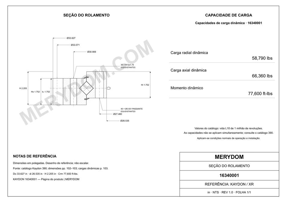 Desenho CAD do rolamento de giro de substituição MERYDOM para KAYDON 16340001, com dimensões e furos de montagem.