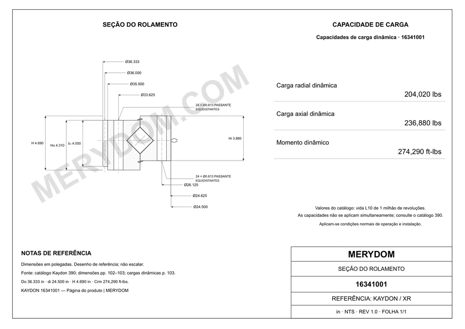 Desenho CAD do rolamento de giro de substituição MERYDOM para KAYDON 16341001, com dimensões e furos de montagem.