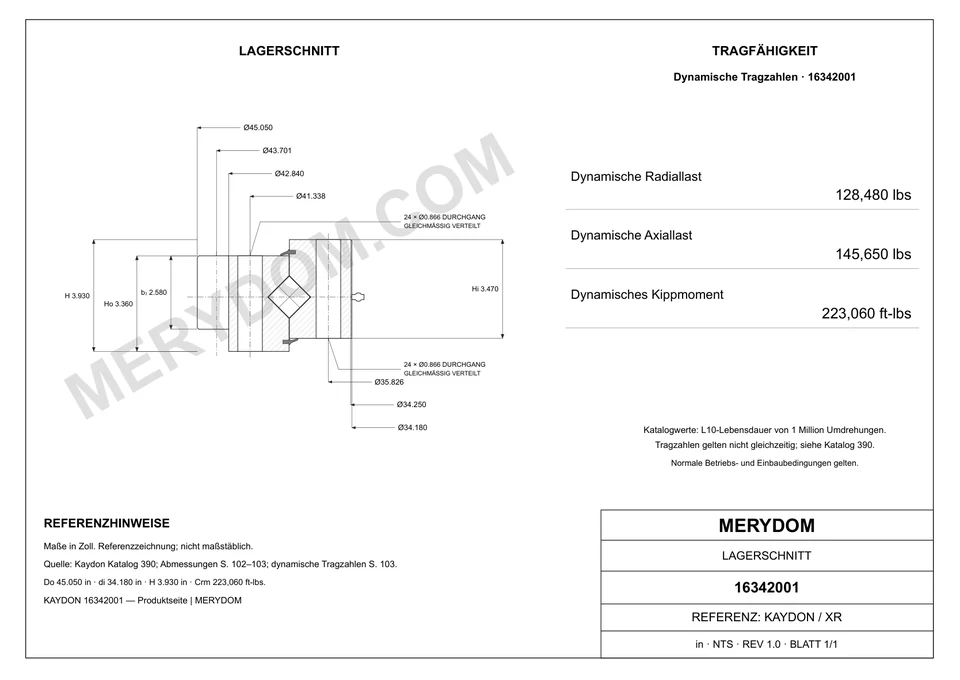 CAD-Zeichnung des MERYDOM-Ersatzdrehkranzes für KAYDON 16342001 mit Abmessungen und Befestigungsbohrungen.