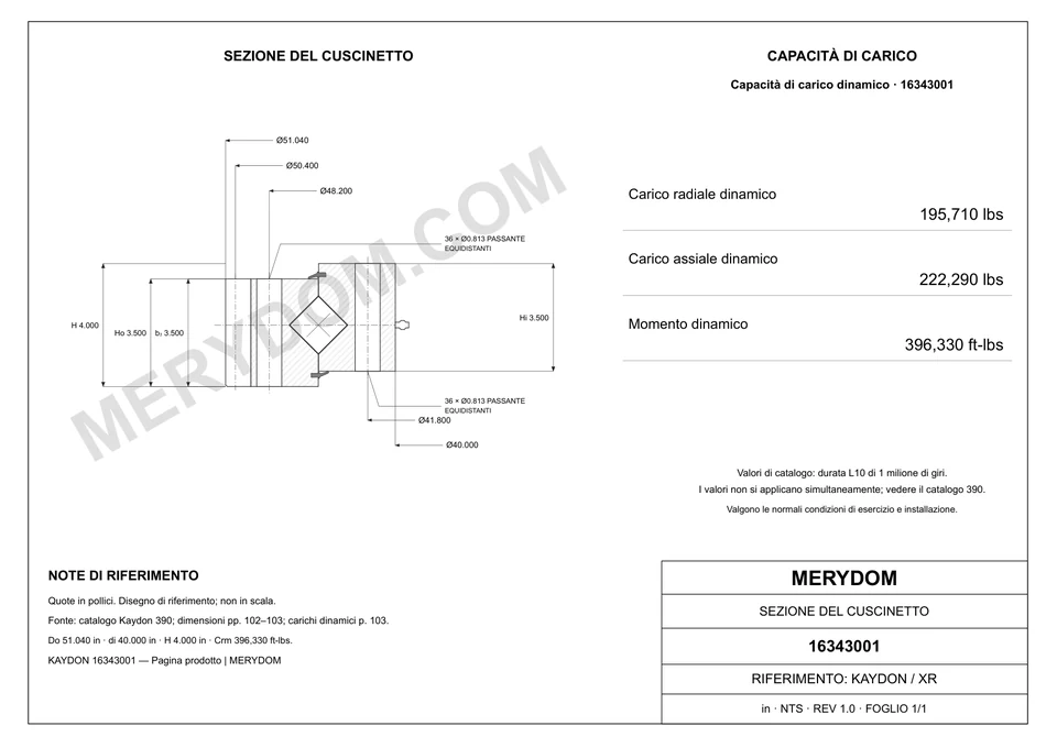 Disegno CAD del cuscinetto di rotazione sostitutivo MERYDOM per KAYDON 16343001, con dimensioni e fori di montaggio.