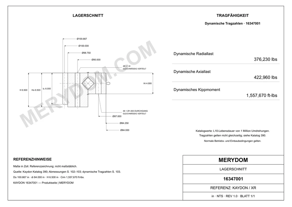 CAD-Zeichnung des MERYDOM-Ersatzdrehkranzes für KAYDON 16347001 mit Abmessungen und Befestigungsbohrungen.