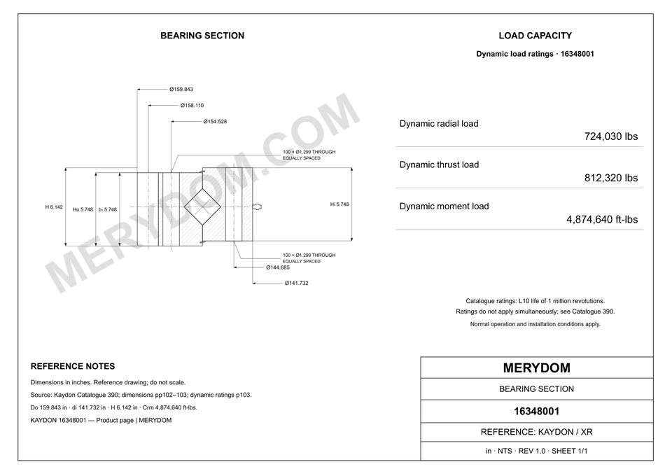 CAD drawing of the MERYDOM replacement slewing bearing for KAYDON 16348001, showing dimensions and mounting holes.