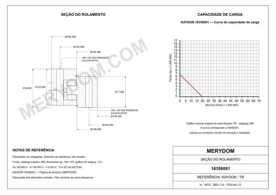 Desenho CAD do rolamento de giro de substituição MERYDOM para KAYDON 16356001, com dimensões e furos de montagem.