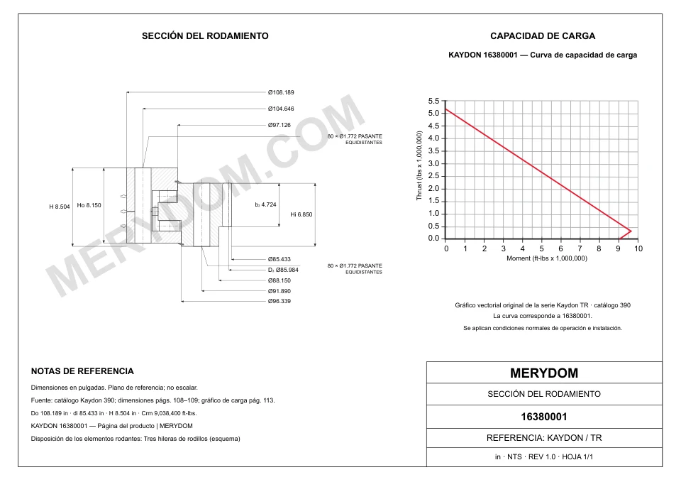 Plano CAD de la corona de giro de sustitución MERYDOM para KAYDON 16380001, con dimensiones y orificios de montaje.