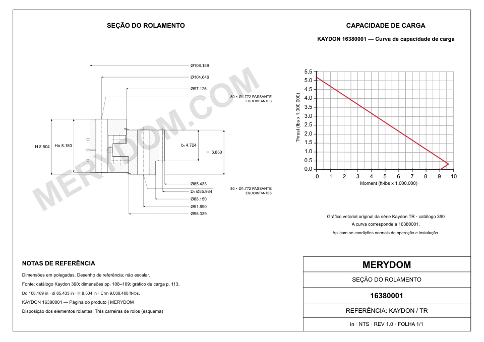 Desenho CAD do rolamento de giro de substituição MERYDOM para KAYDON 16380001, com dimensões e furos de montagem.