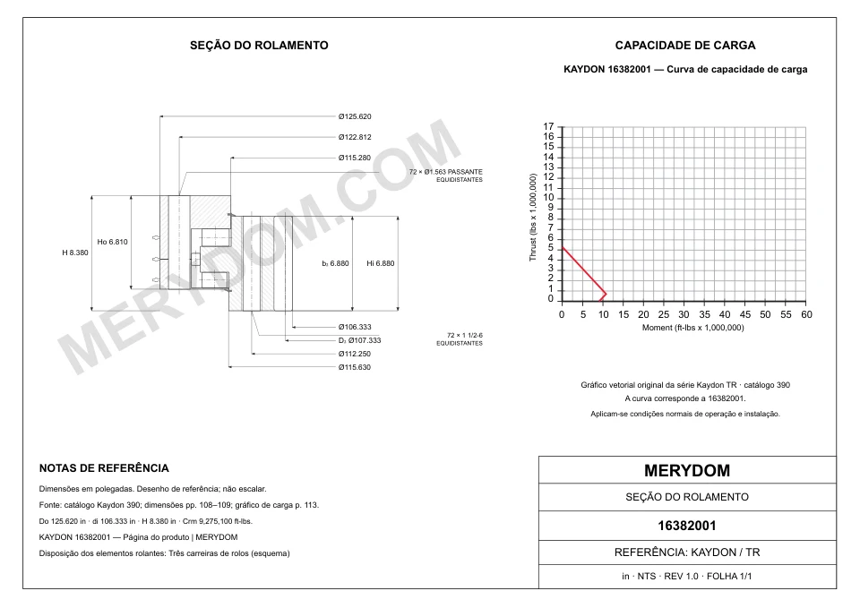 Desenho CAD do rolamento de giro de substituição MERYDOM para KAYDON 16382001, com dimensões e furos de montagem.