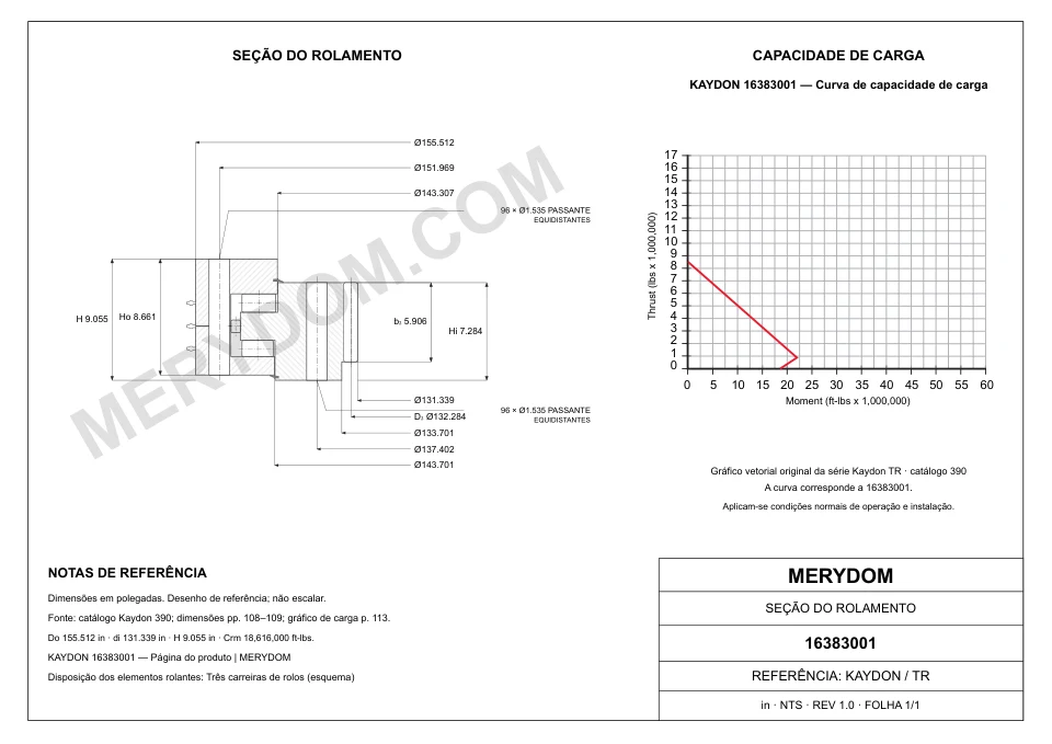 Desenho CAD do rolamento de giro de substituição MERYDOM para KAYDON 16383001, com dimensões e furos de montagem.
