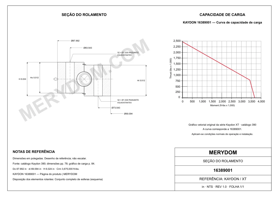 Desenho CAD do rolamento de giro de substituição MERYDOM para KAYDON 16389001, com dimensões e furos de montagem.
