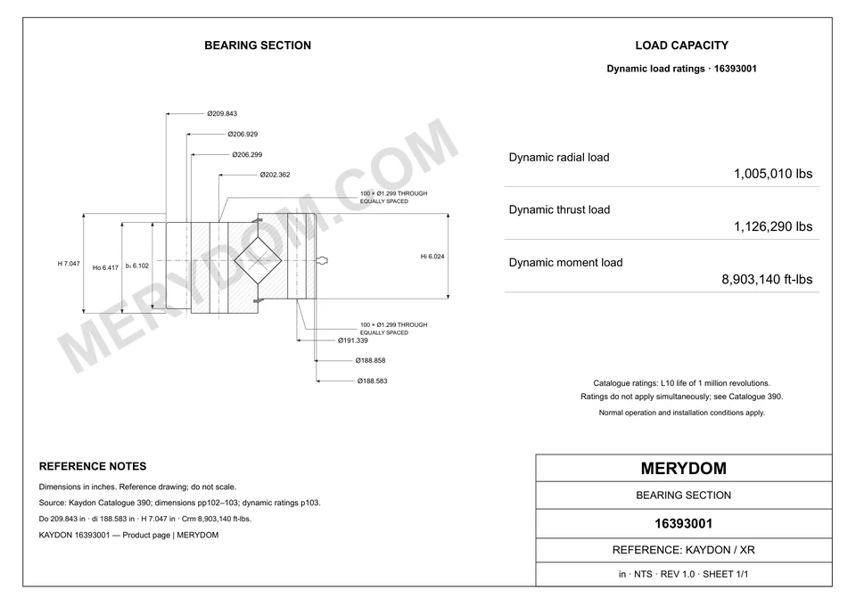 CAD drawing of the MERYDOM replacement slewing bearing for KAYDON 16393001, showing dimensions and mounting holes.