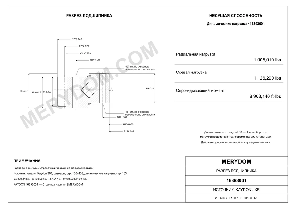 CAD-чертёж опорно-поворотного устройства MERYDOM для замены KAYDON 16393001 с размерами и монтажными отверстиями.