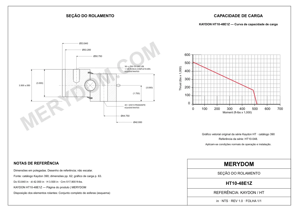 Desenho CAD do rolamento de giro de substituição MERYDOM para KAYDON HT10-48E1Z, com dimensões e furos de montagem.