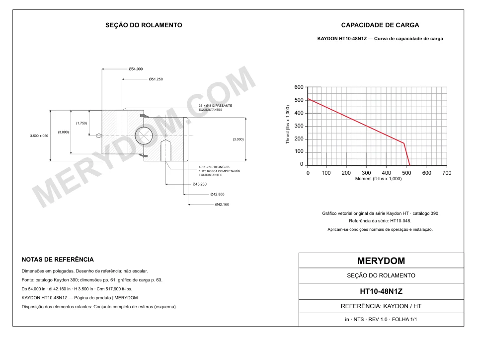 Desenho CAD do rolamento de giro de substituição MERYDOM para KAYDON HT10-48N1Z, com dimensões e furos de montagem.