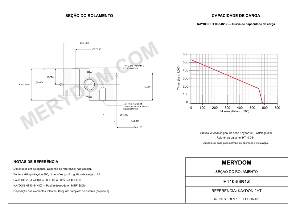 Desenho CAD do rolamento de giro de substituição MERYDOM para KAYDON HT10-54N1Z, com dimensões e furos de montagem.