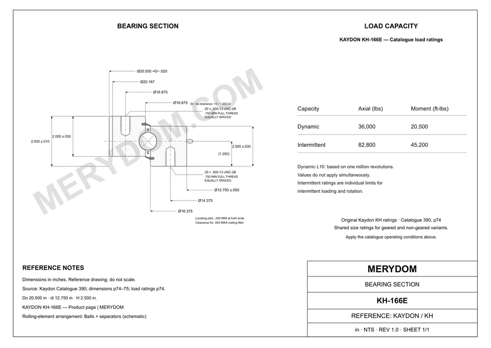 CAD drawing of the MERYDOM replacement slewing bearing for KAYDON KH-166E, showing dimensions and mounting holes.