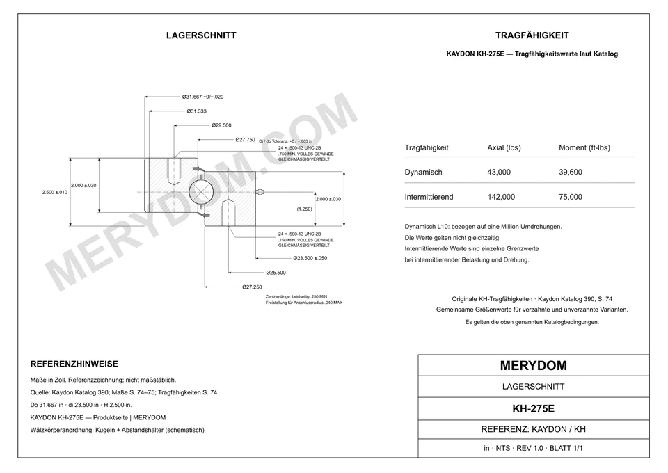CAD-Zeichnung des MERYDOM-Ersatzdrehkranzes für KAYDON KH-275E mit Abmessungen und Befestigungsbohrungen.
