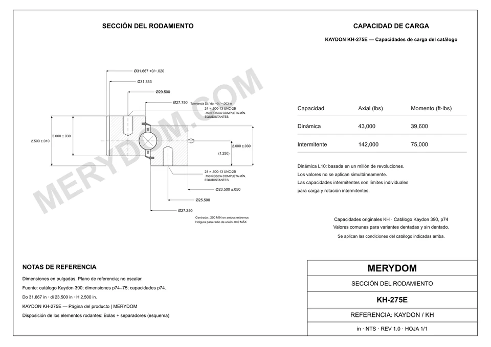 Plano CAD de la corona de giro de sustitución MERYDOM para KAYDON KH-275E, con dimensiones y orificios de montaje.