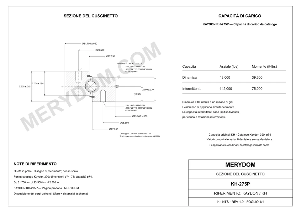 Disegno CAD del cuscinetto di rotazione sostitutivo MERYDOM per KAYDON KH-275P, con dimensioni e fori di montaggio.